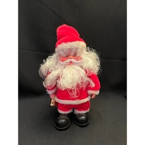 Vintage Bell Ringing Santa Claus Plastic 9 in Santa Doll With Bell in Hand 1950s
